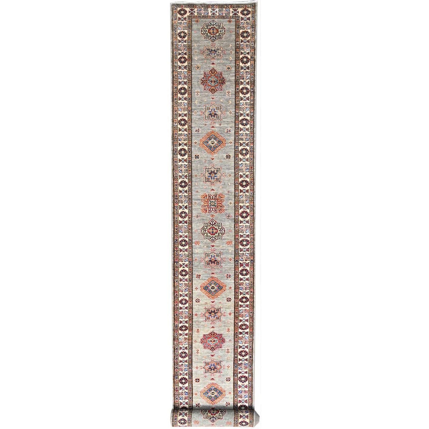 2'8"X22'6" Moon Gray Super Kazak Hand Knotted Wool Oriental Xl Runner Rug