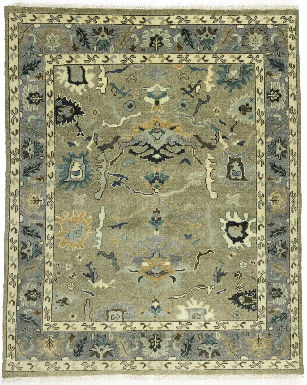 Khaki Floral Oushak Chobi Oriental Rug Handmade