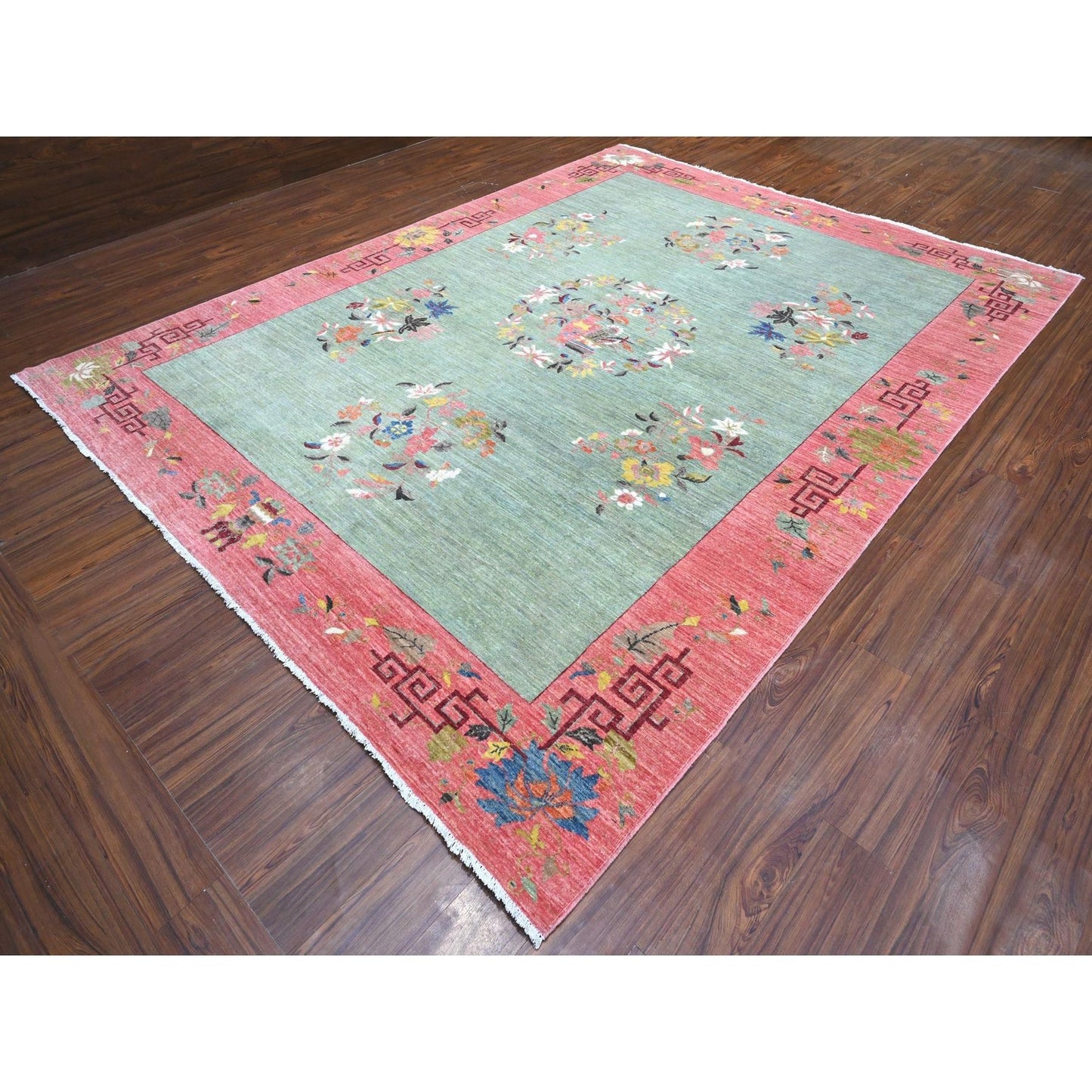9'X11'9" Green Chinese Art Deco Revival Hand Knotted Pure Wool Rug