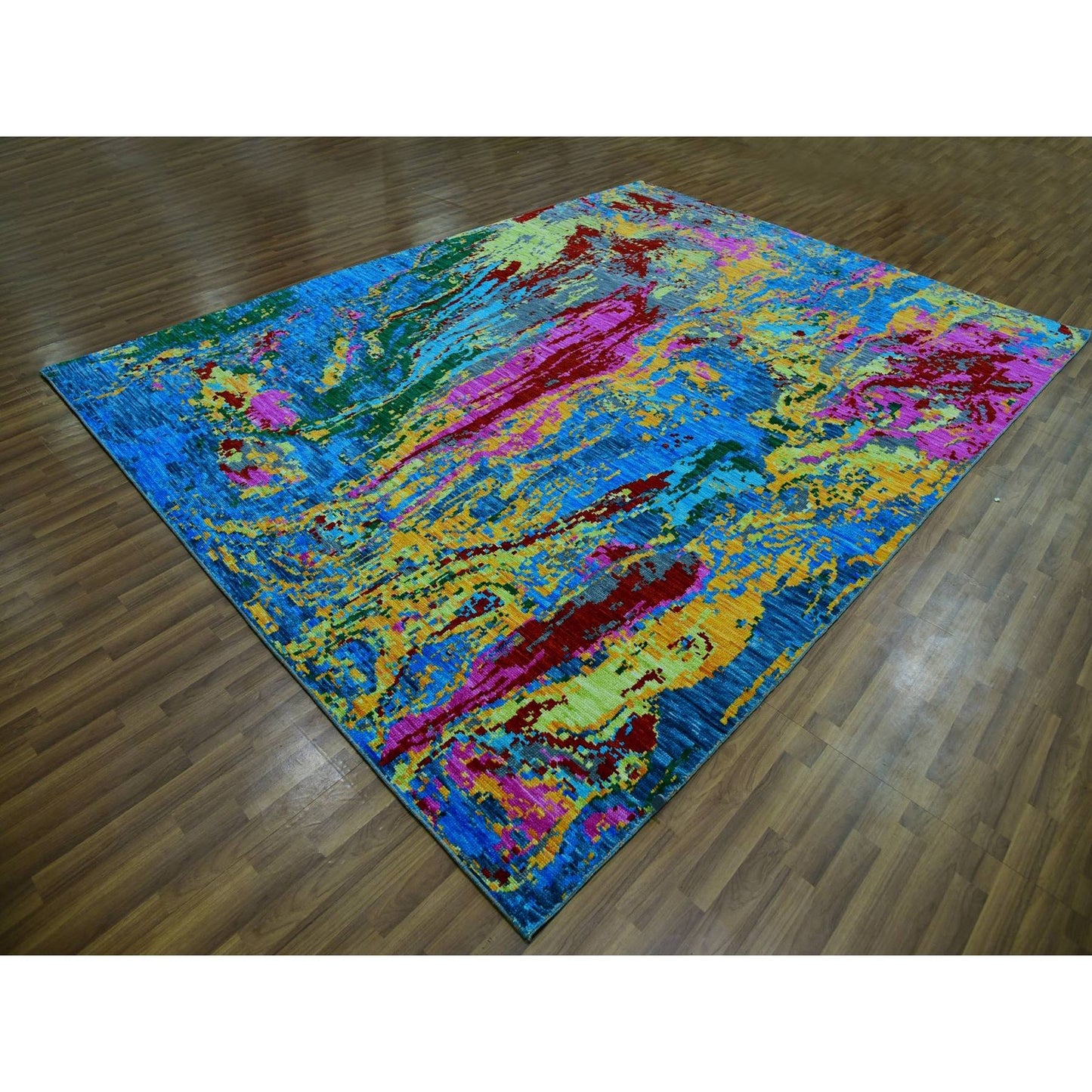 9'X11'9" Hot Pink Blue Modern Design Hand Knotted Pure Wool Oriental Rug