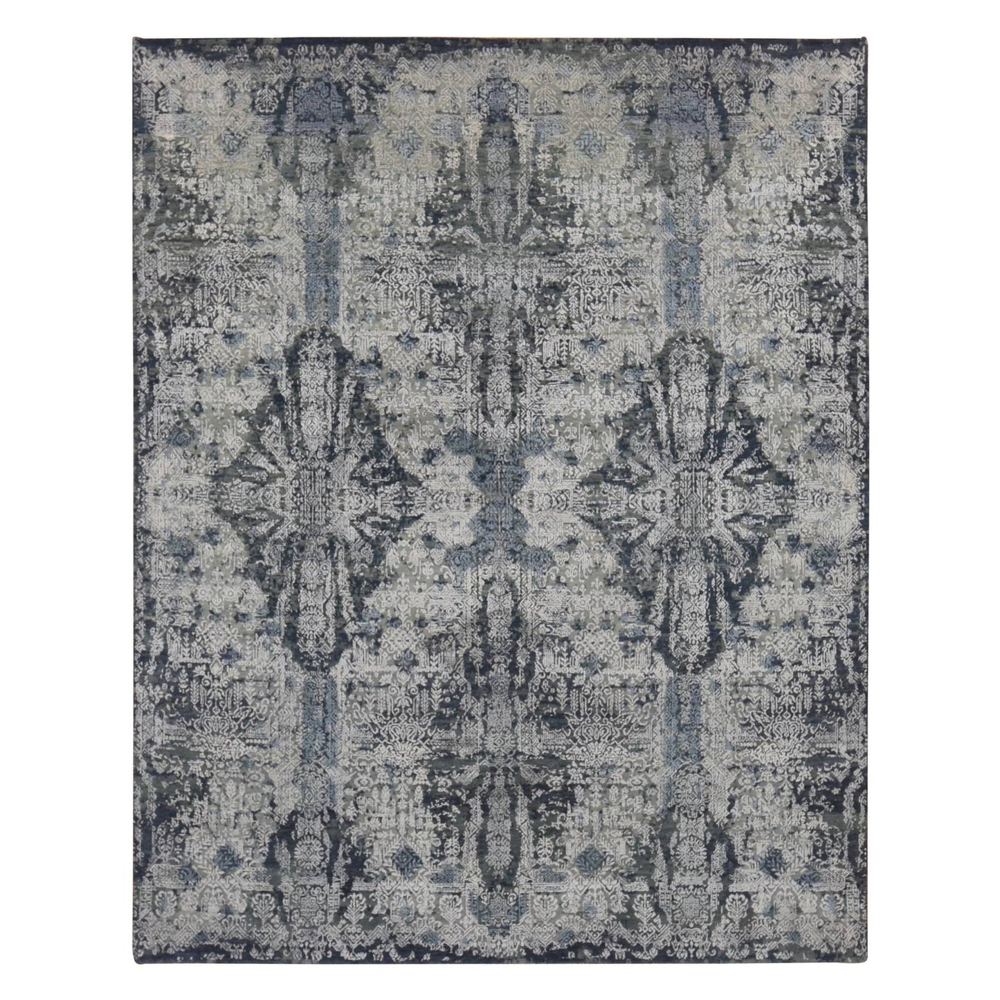 7'10"X10' Ash Gray Jewellery Design Wool And Silk Hand Knotted Rug