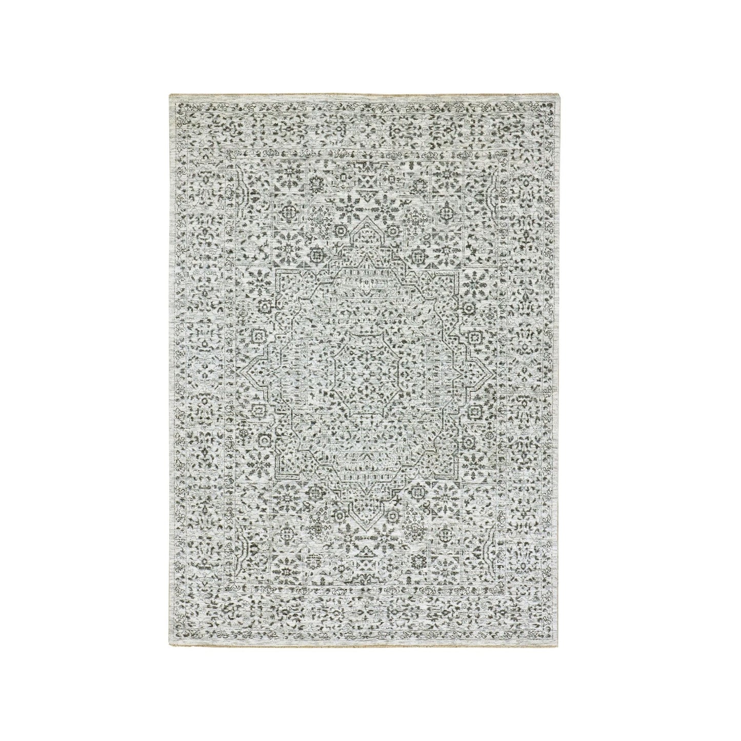 5'X7'1" White Mamluk Dynasty Design Undyed Wool Hand Knotted Oriental Rug