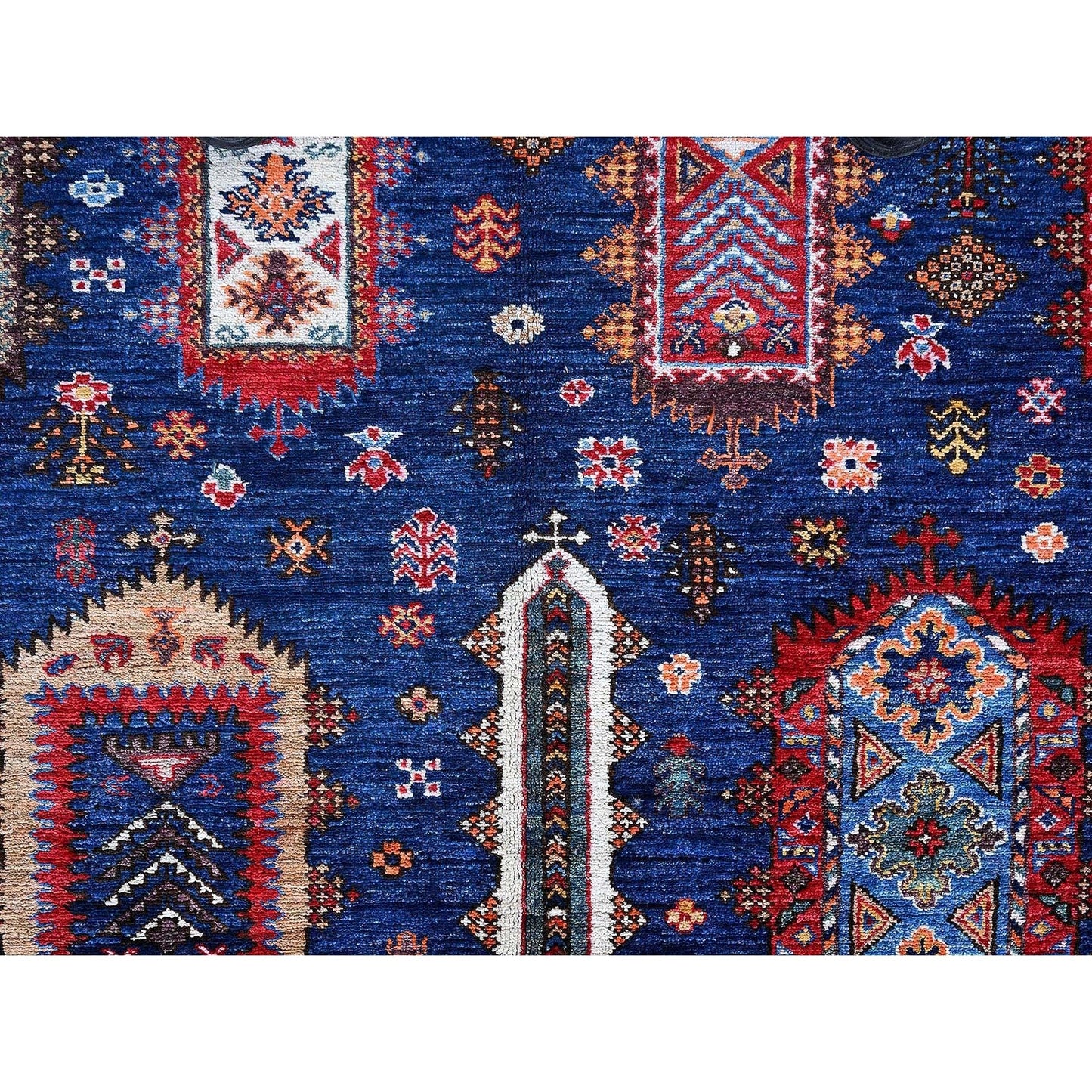 6'1"X8'5" Blue Afghan Caucasian Design Revival Hand Knotted Soft Wool Rug