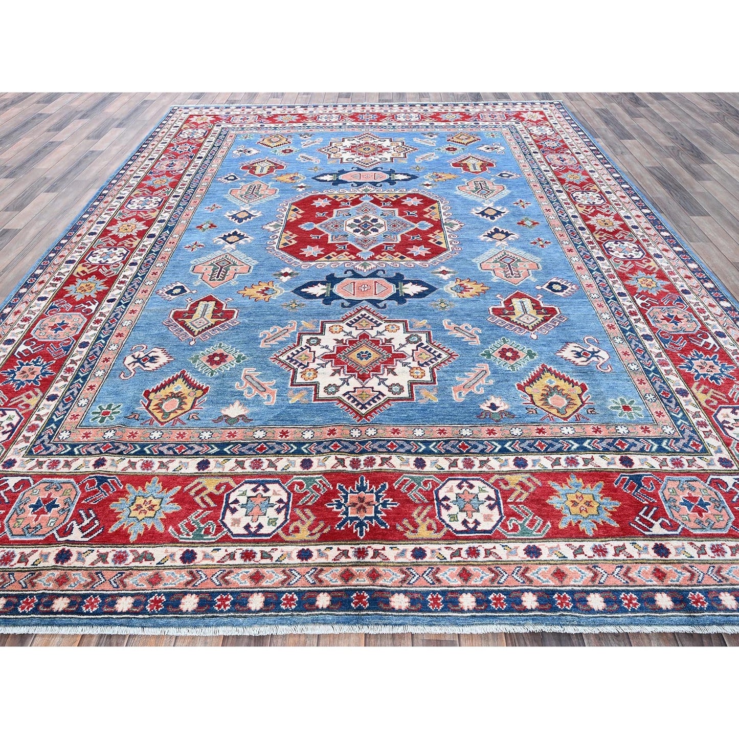 8'10"X11'8" Blue Kazak With Geometric Design Hand Knotted Soft Wool Rug