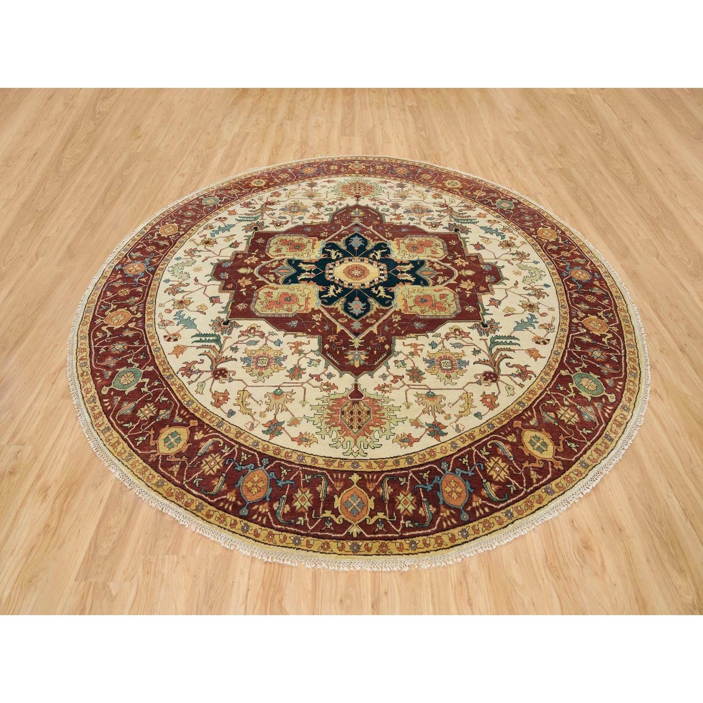 10'X10' Ivory Heris Re-Creation Hand Knotted Wool Round Oriental Rug