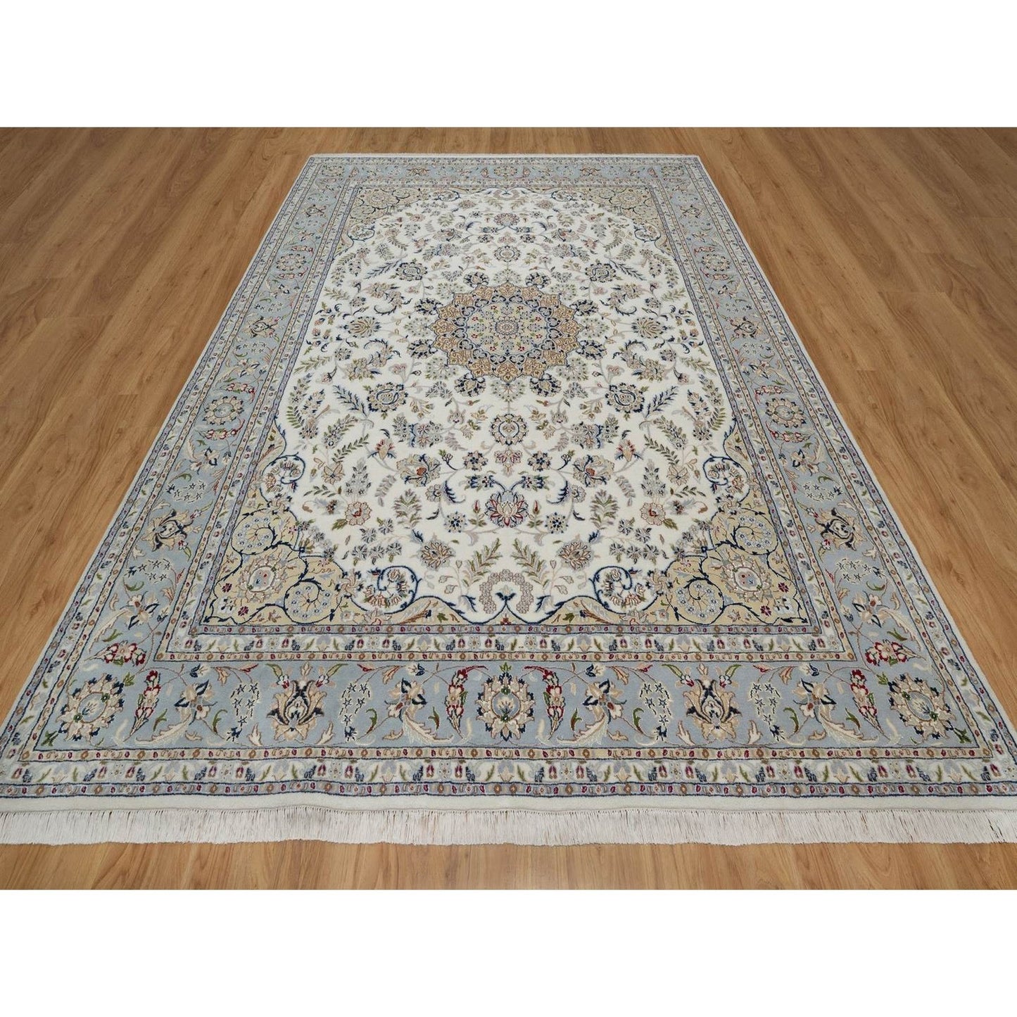 8'7"X12' Ivory Wool And Silk Nain Medallion Design Hand Knotted Rug