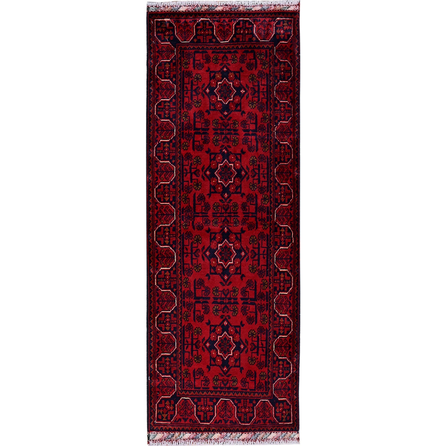 1'10"X5' Red Afghan Khamyab Geometric Pattern Hand Knotted Wool Runner Rug