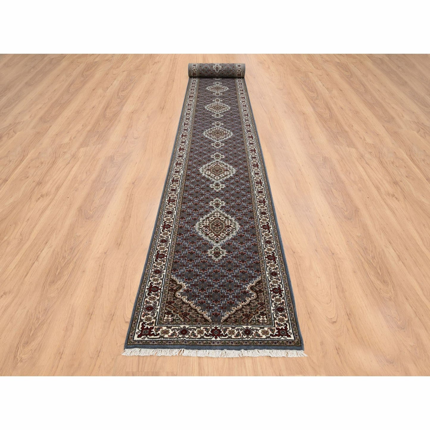 2'5"X23' Gray Wool Hand Knotted Tebraz Mahi Runner Oriental Rug