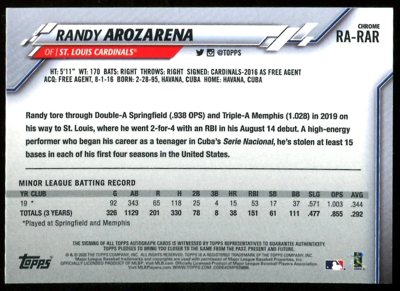 Randy Arozarena 2020 Topps Chrome Autographed