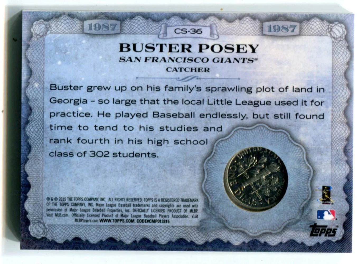 Buster Posey 2015 Topps Genuine U.S Postage Stamp/Coin Card #Cs36 41/50