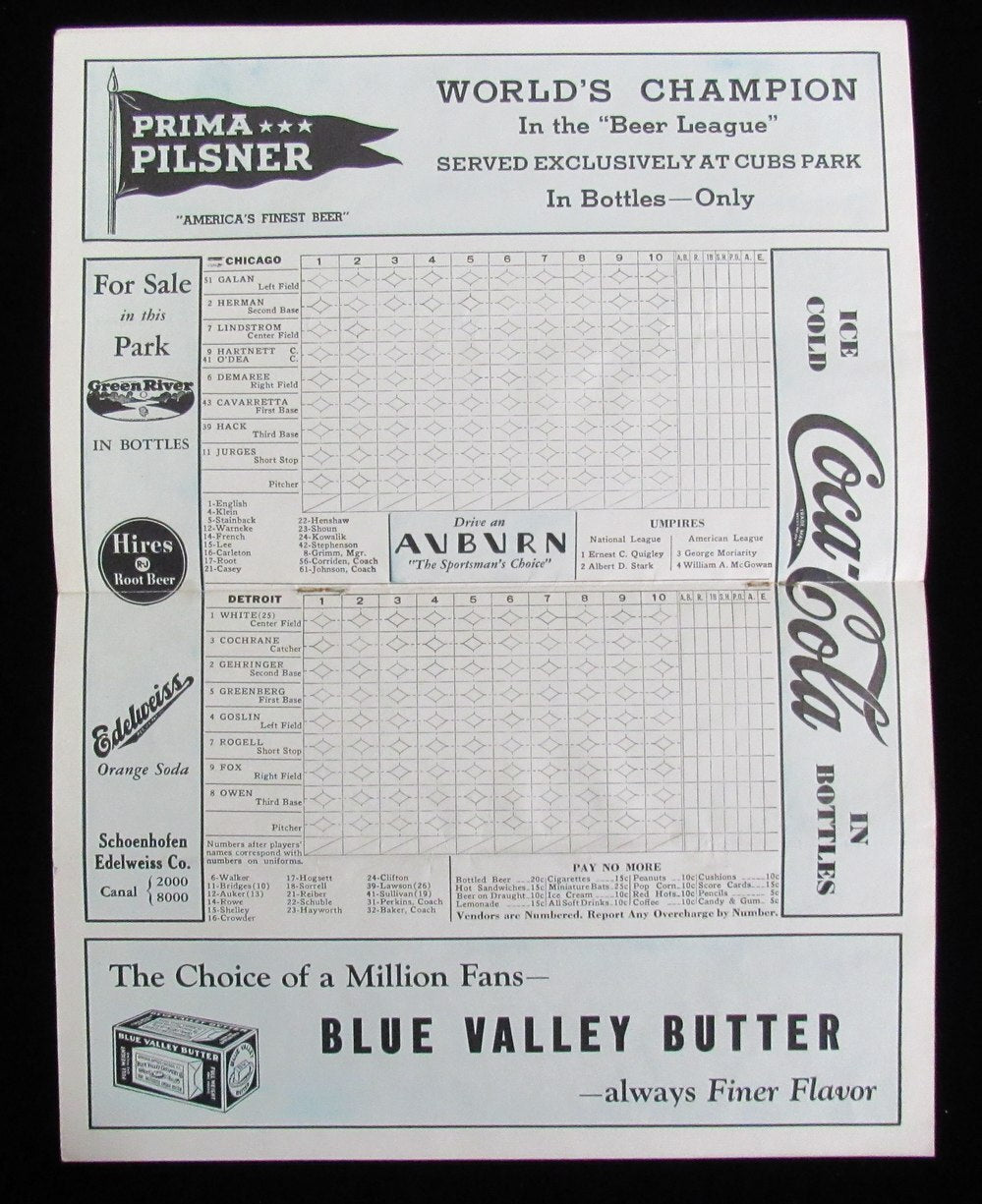 1935 World Series Scorecard Chicago Cubs Vs.