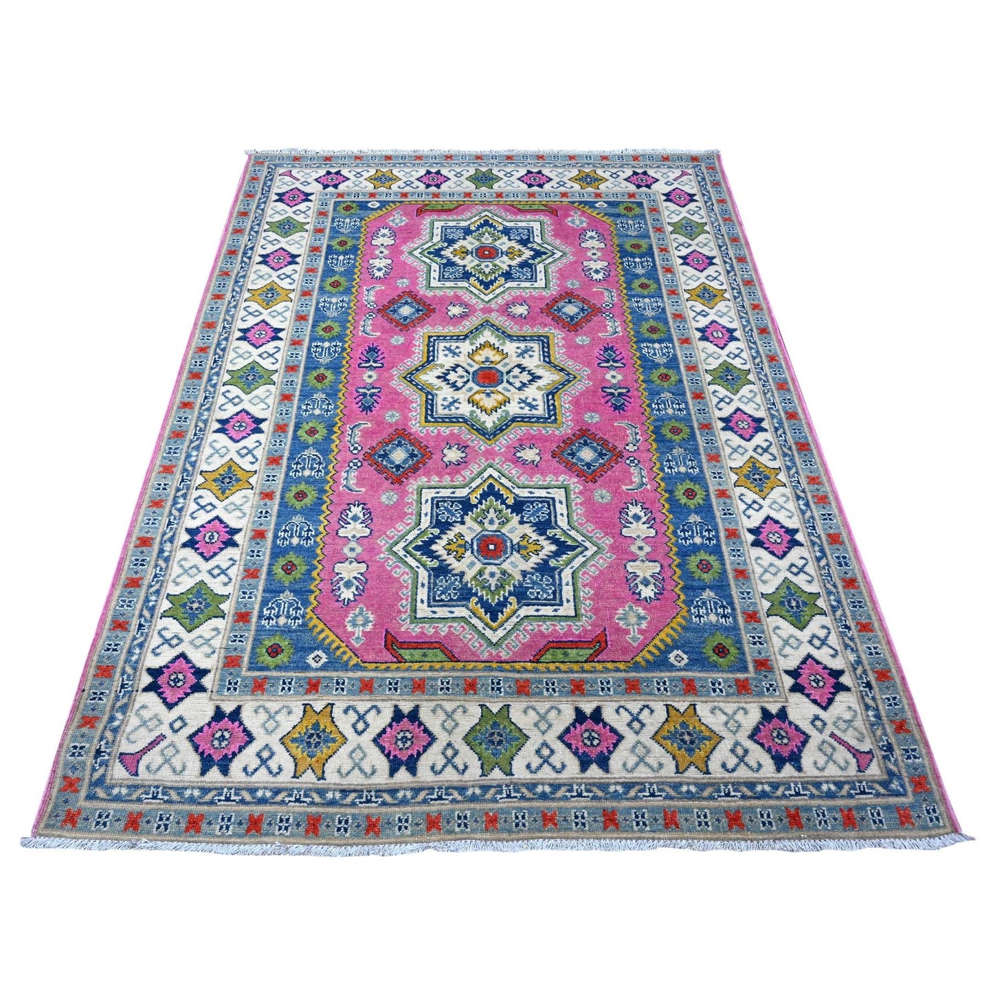 5'X6'9" Thulian Pink Colorful And Vibrant Fusion Kazak Oriental Rug