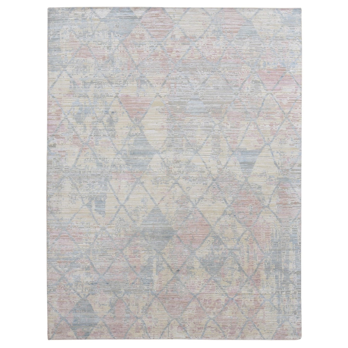 9'X11'10" Light Yellow Trellis Design Wool And Silk Hand Knotted Rug