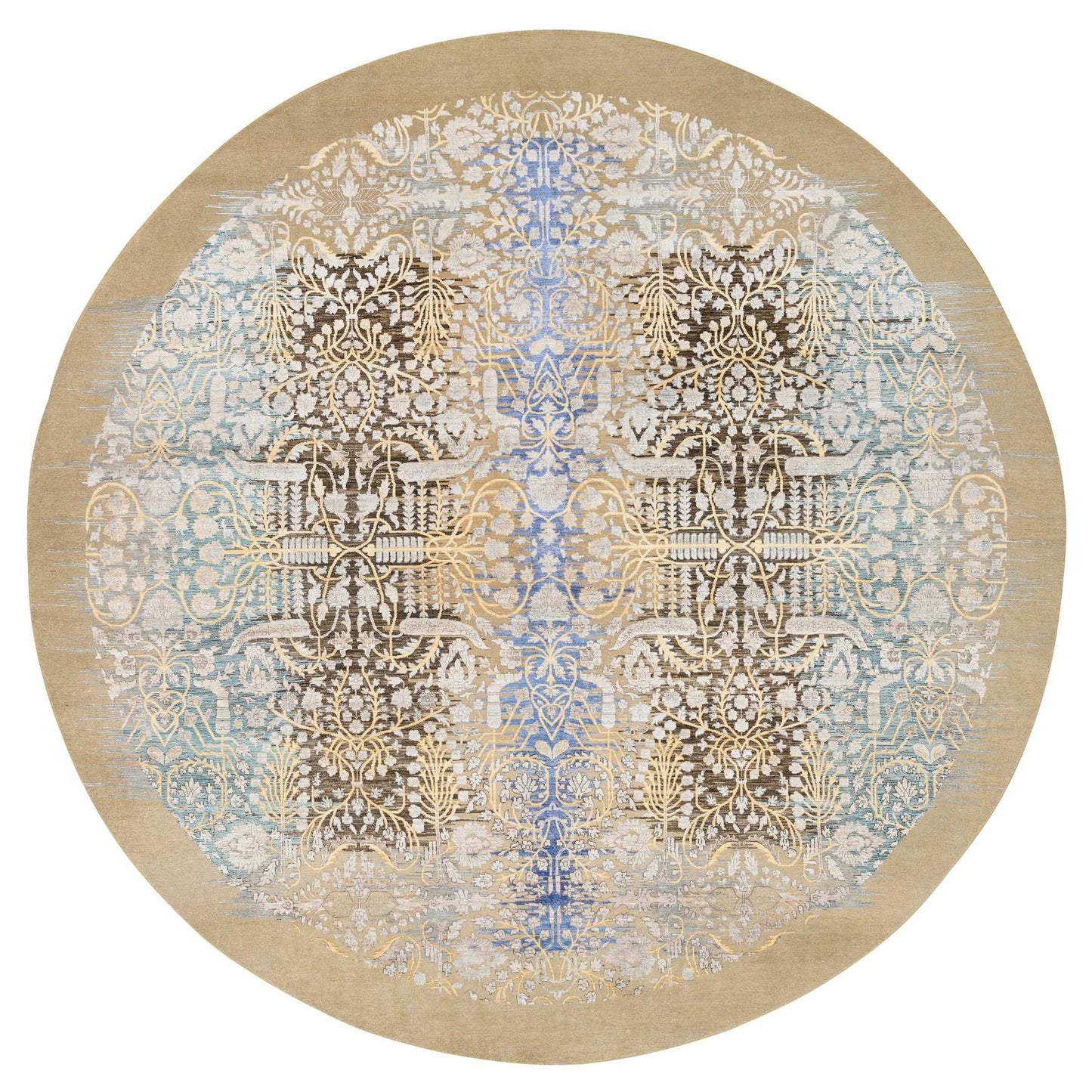 11'10"X11'10" Gold Brown Hand Knotted Saroogh Silk With Wool Round Rug
