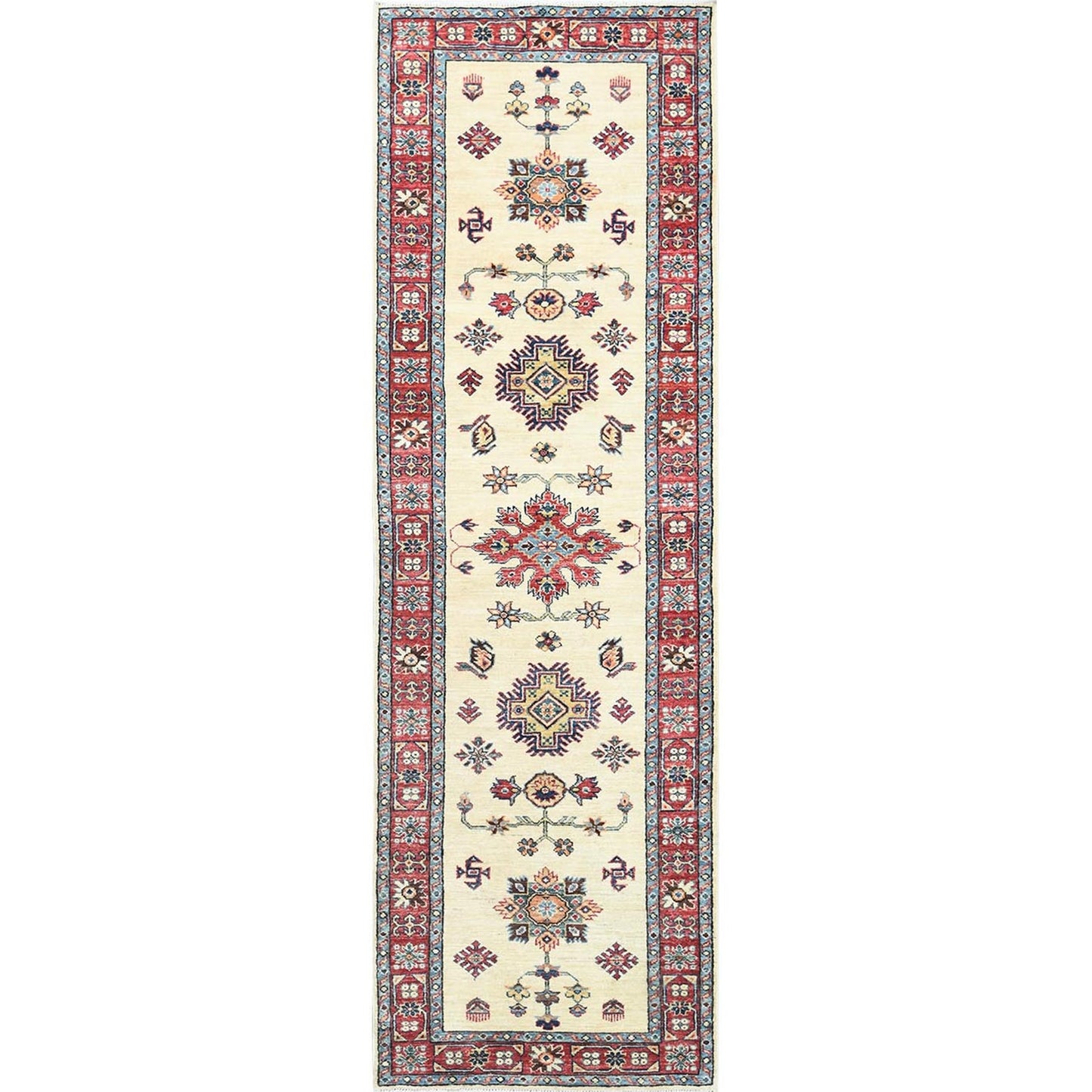2'7"X8'6" Ivory Soft Wool Hand Knotted Afghan Super Kazak Runner Rug
