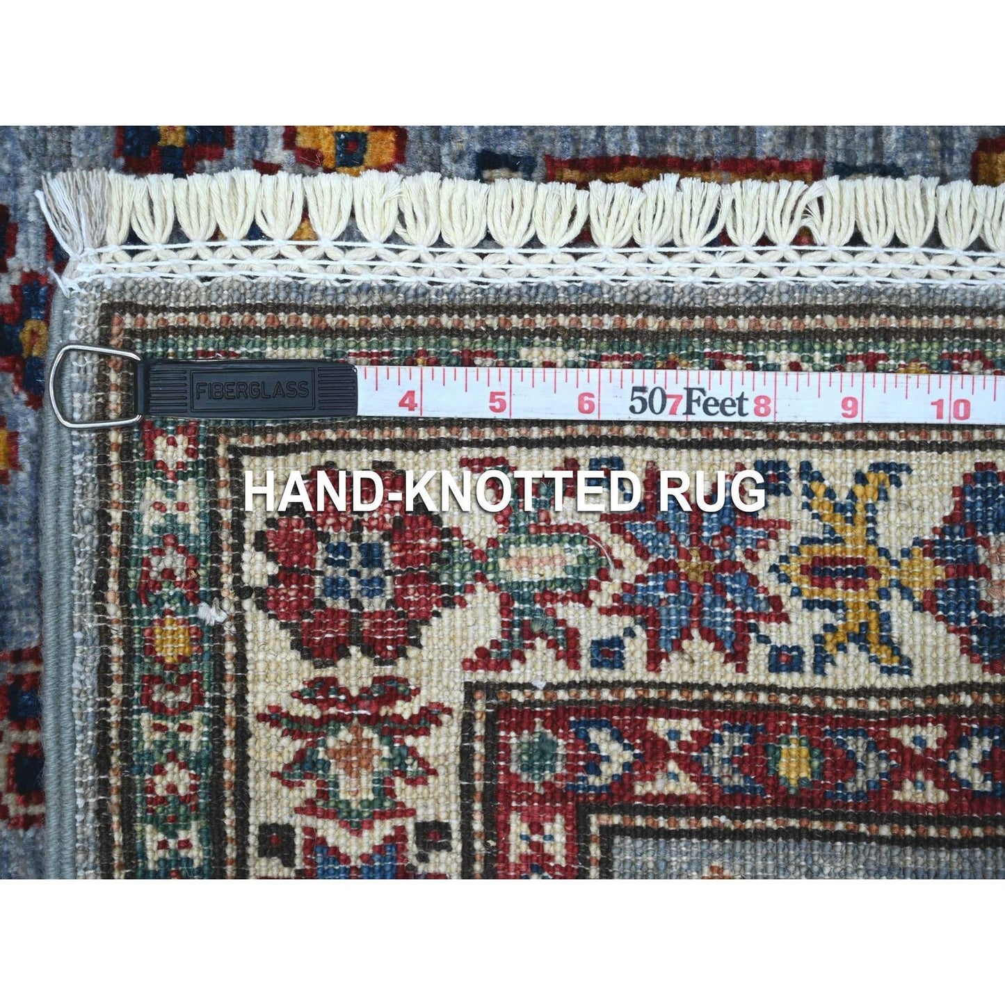2'6"X6'2" Glaucous Gray Hand Knotted Super Kazak Motifs Wool Runner Rug