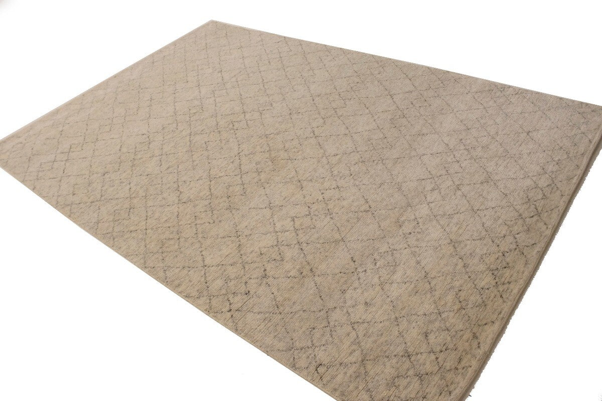 Hand-Knotted Beige Geometric Moroccan Rug Plush