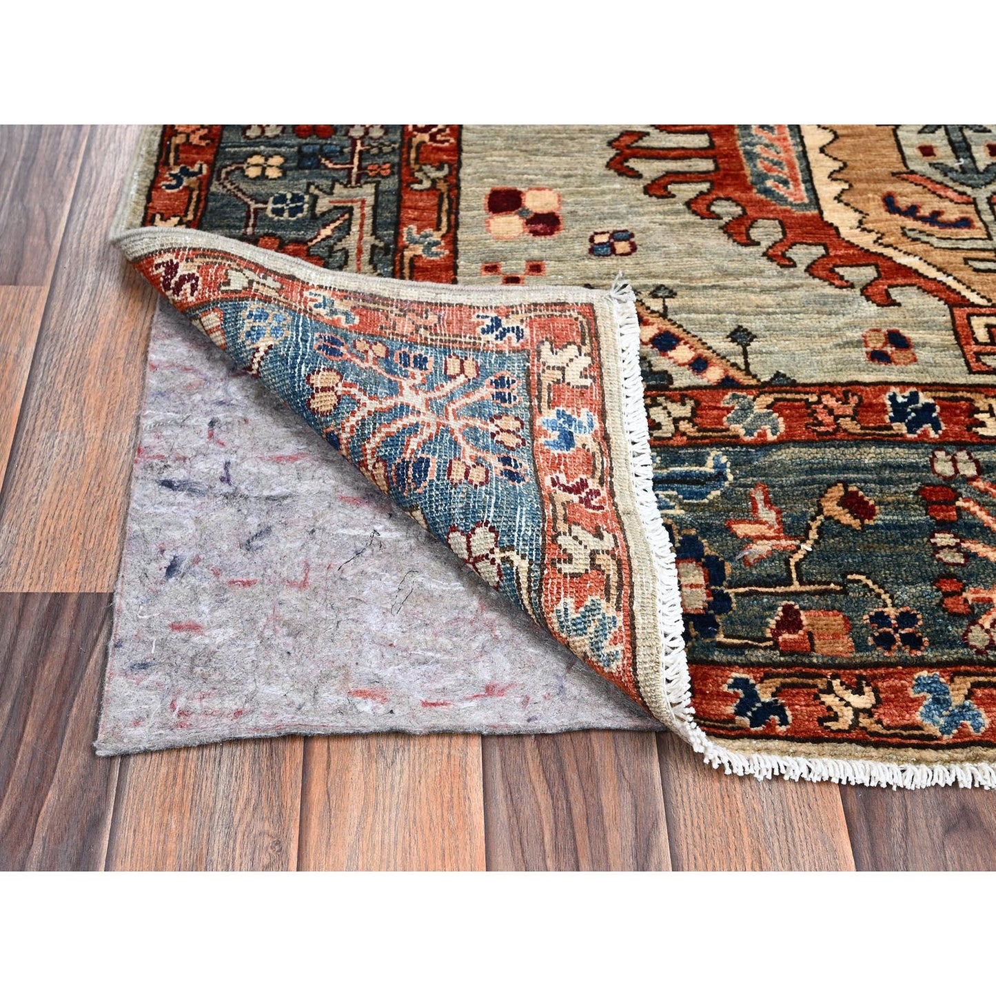 4'3"X13'1" Light Green Karjihooz Design Soft Wool Hand Knotted Runner Rug