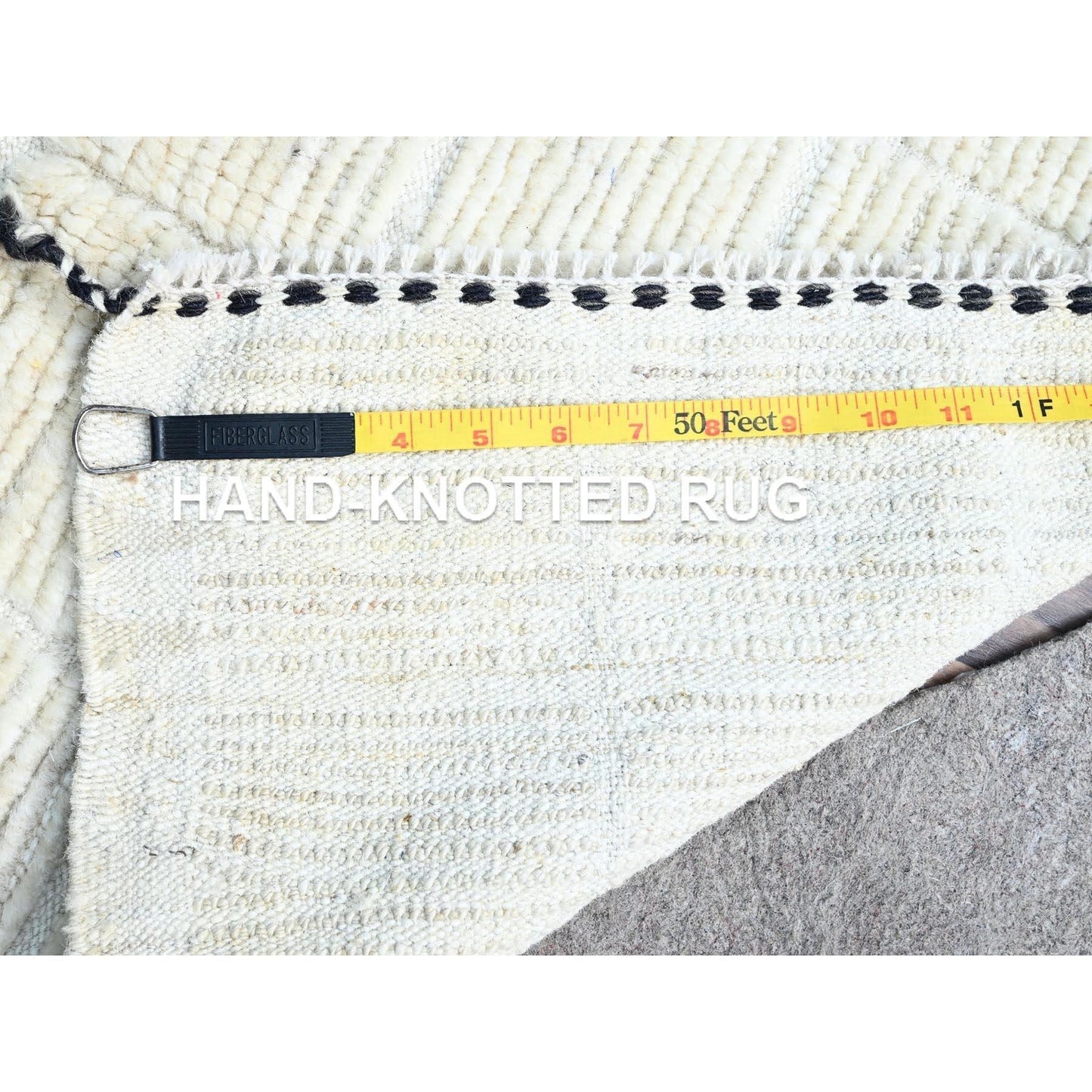 1'8"X2' Bone White Natural Wool Moroccan Weave Grid Design Hand Knotted Rug