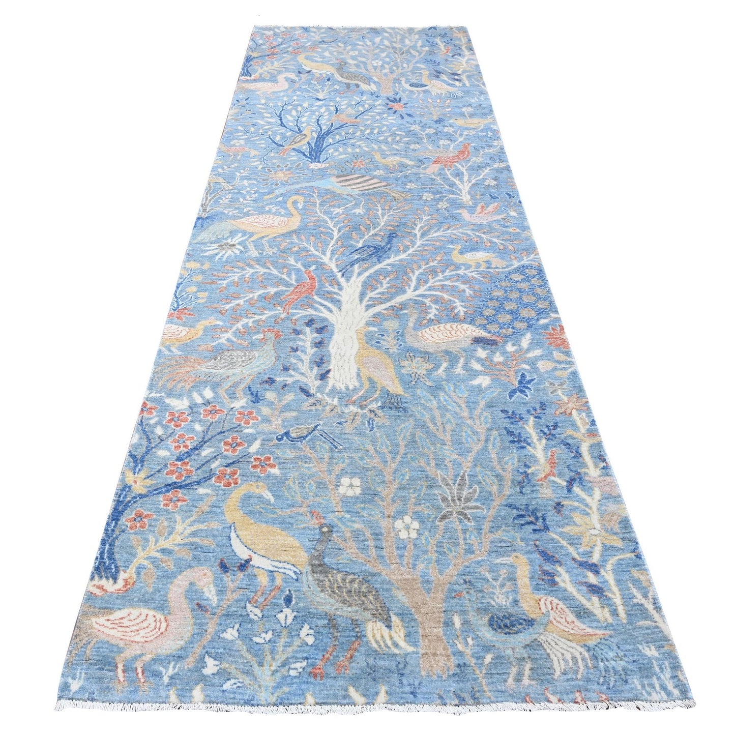 4'X11'10" Blue Wool Peshawar Birds Paradise Hand Knotted Wide Runner Rug