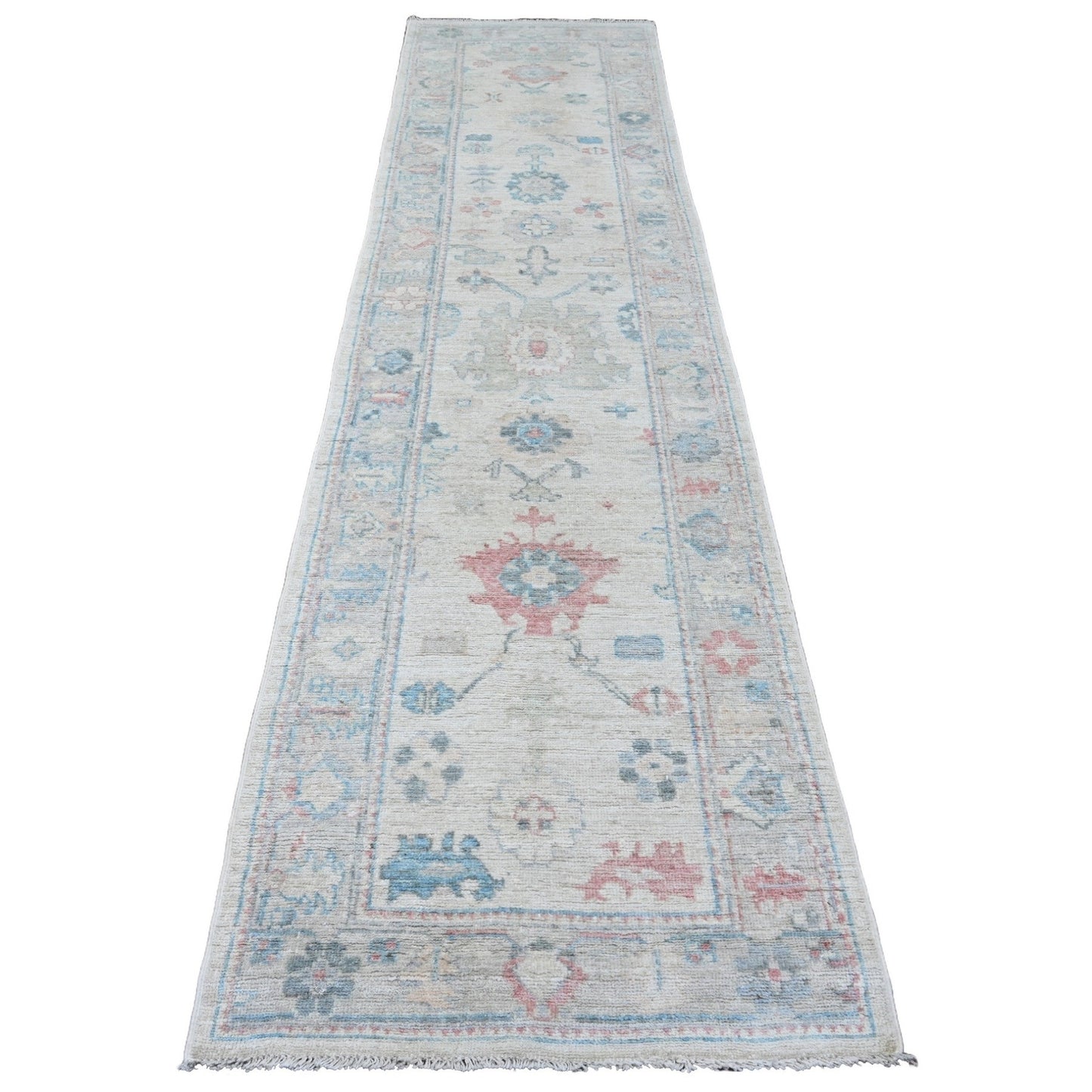 2'10"X11'7" White Hand Knotted Angora Oushak Leaf Design Wool Runner Rug