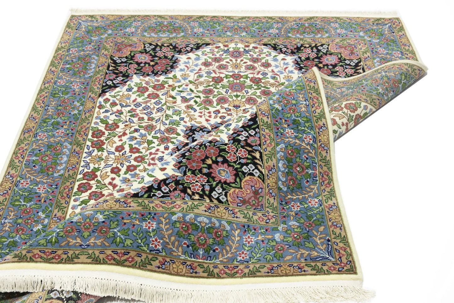 Handmade Kirman Oriental Rug Cream & Blue Floral