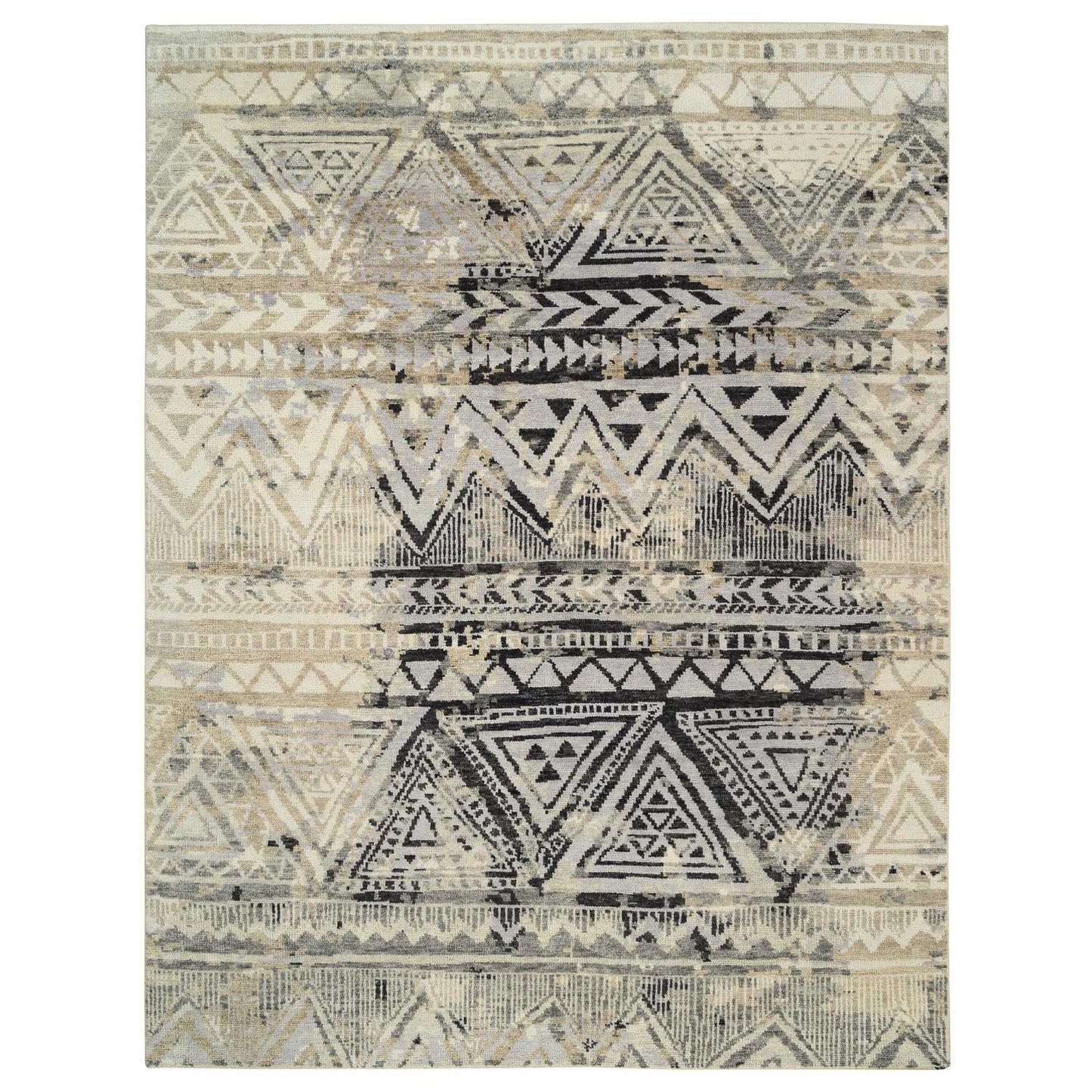 9'1"X12' Gray Erased Ethnic Geometric Design Wool Hand Knotted Rug