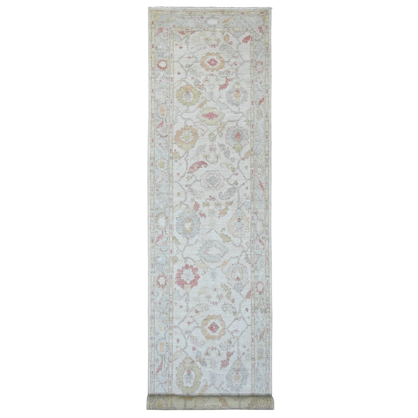 4'X19'2" White Hand Knotted Angora Oushak Leaf Design All Wool Runner Rug