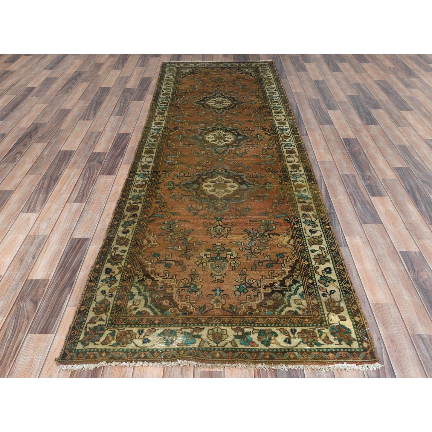 3'3"X9'8" Brown Old Farsian Amadan Hand Knotted Wool Worn Down Runner Rug