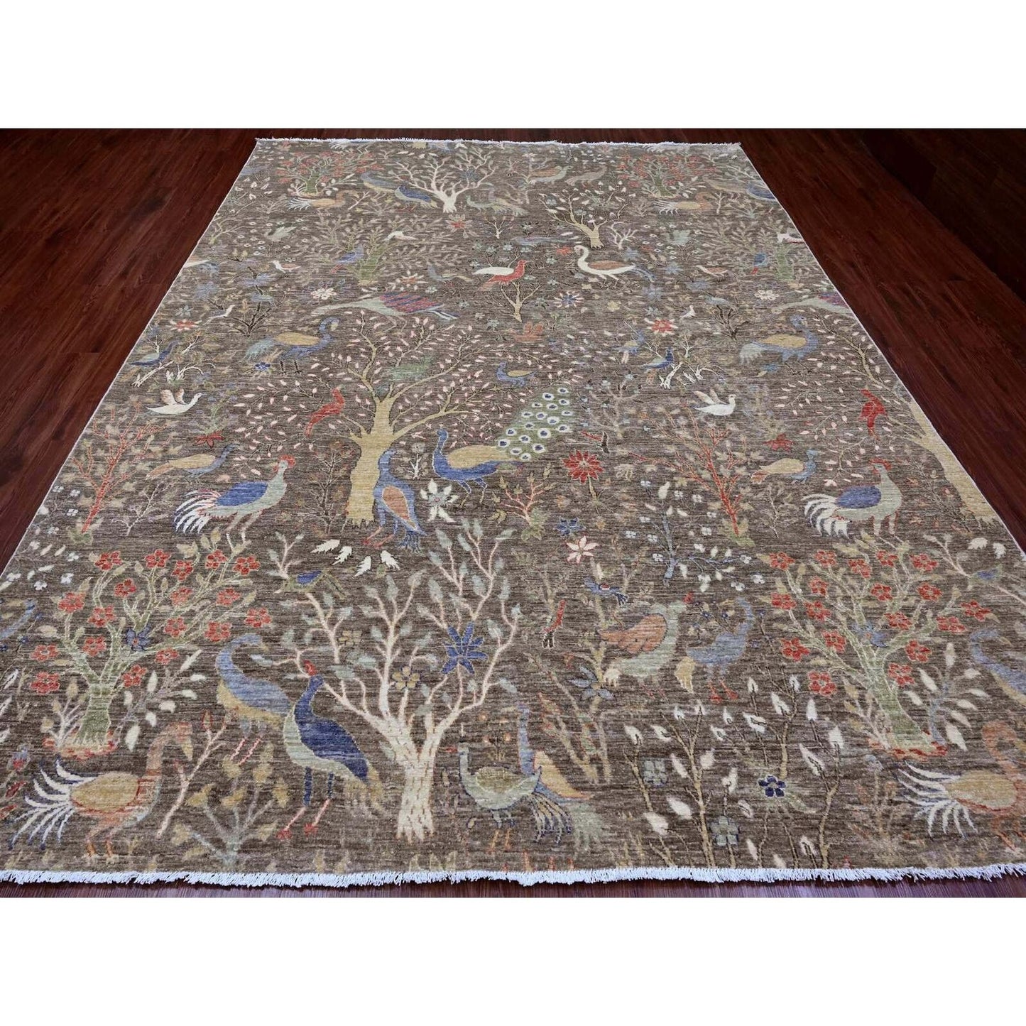 9'1"X11'9" Brown Afghan Peshawar Birds Design Soft Wool Hand Knotted Rug