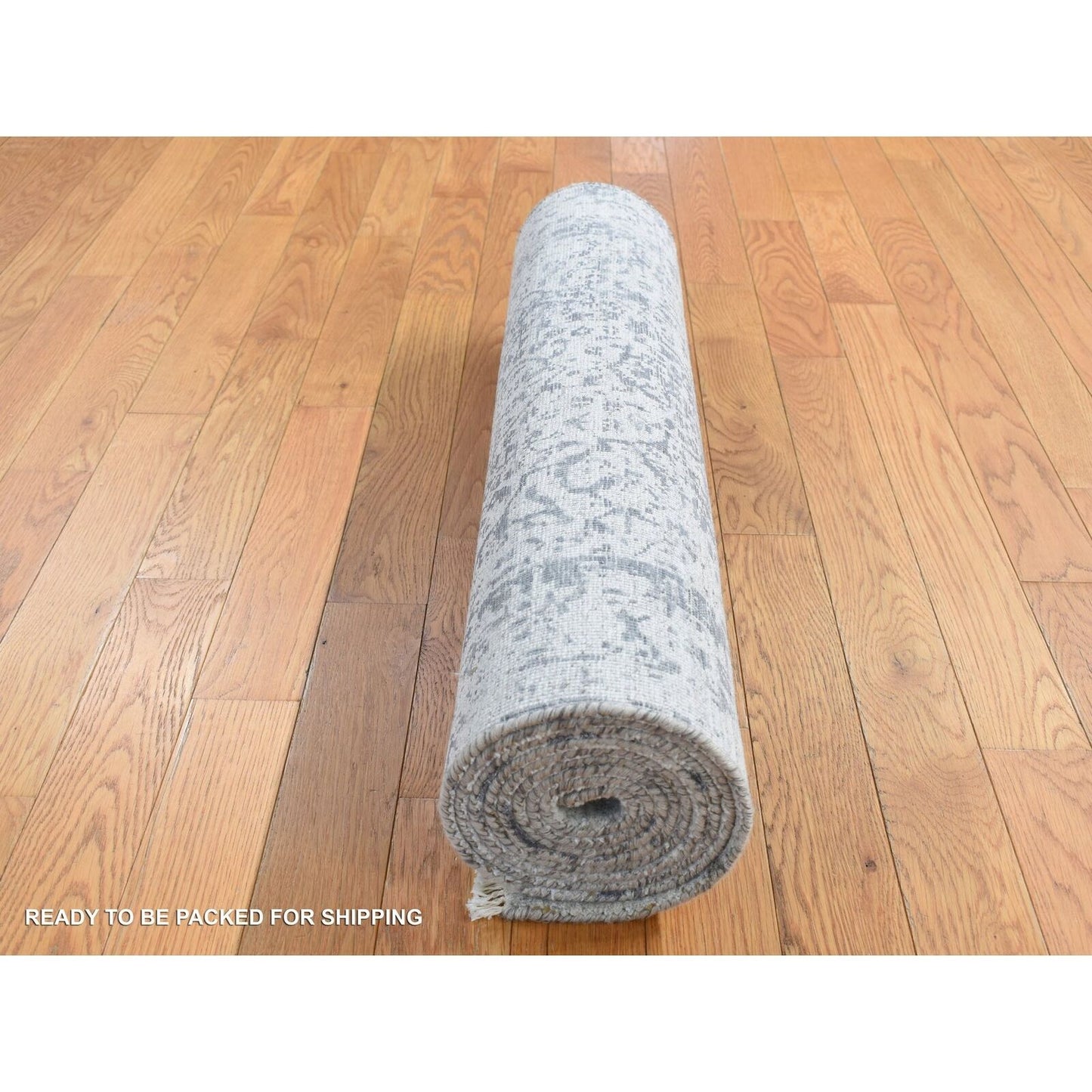 2'7"X7'10" Gray Hand Knotted Zoroastrian Design Wool And Silk Runner Rug