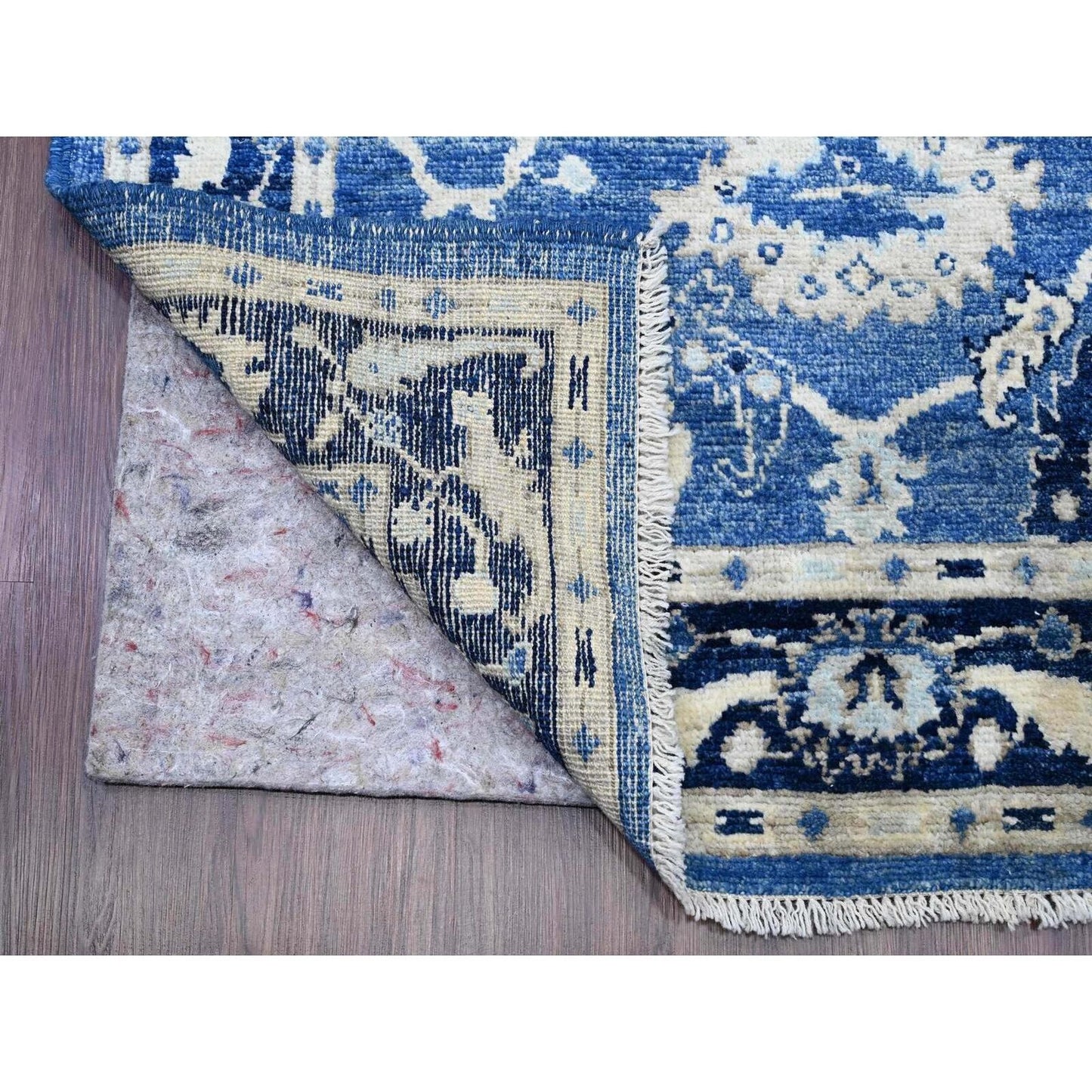 4'X15'7" Blue Hand Knotted Angora Oushak Leaf Design Pure Wool Runner Rug