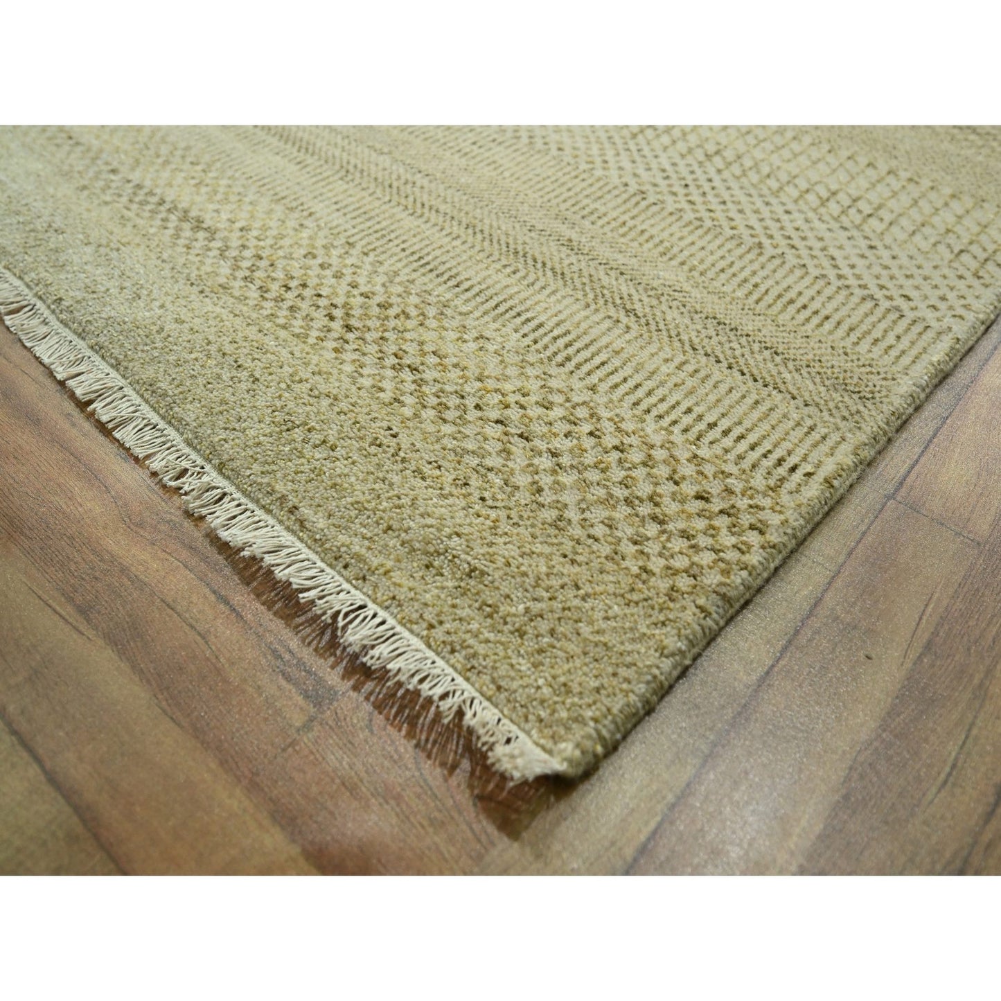 9'1"X12'3" Ecru Brown Modern Grass Design Hand Knotted Wool And Silk Rug