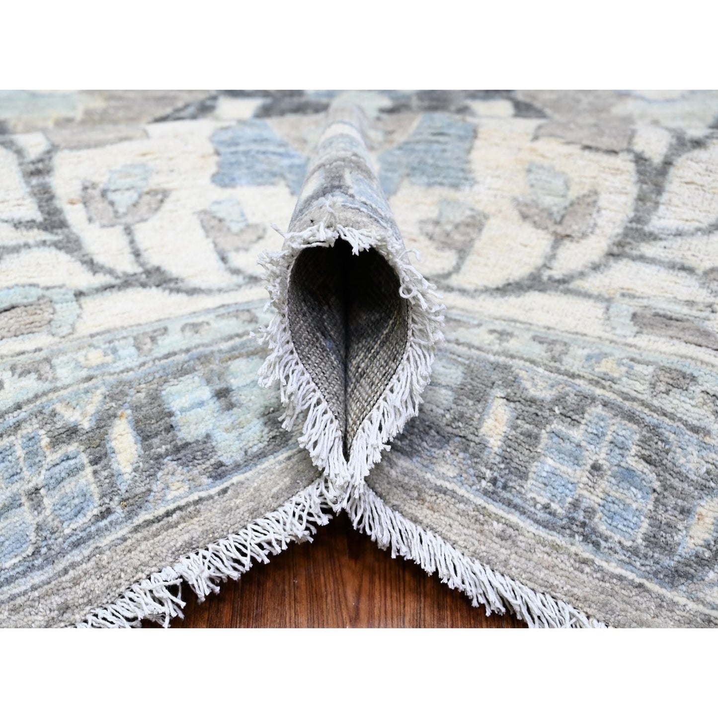 11'6"X15' Mineral Deposit Gray Sickle Leaf Design Pure Wool Oversized Rug