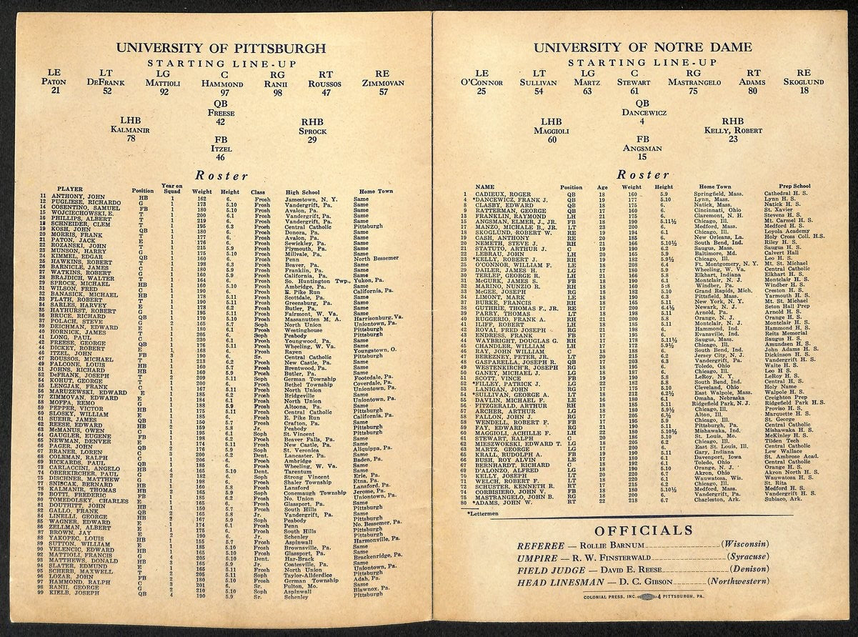 1944 Pitt Vs Notre Dame Rare Vintage College