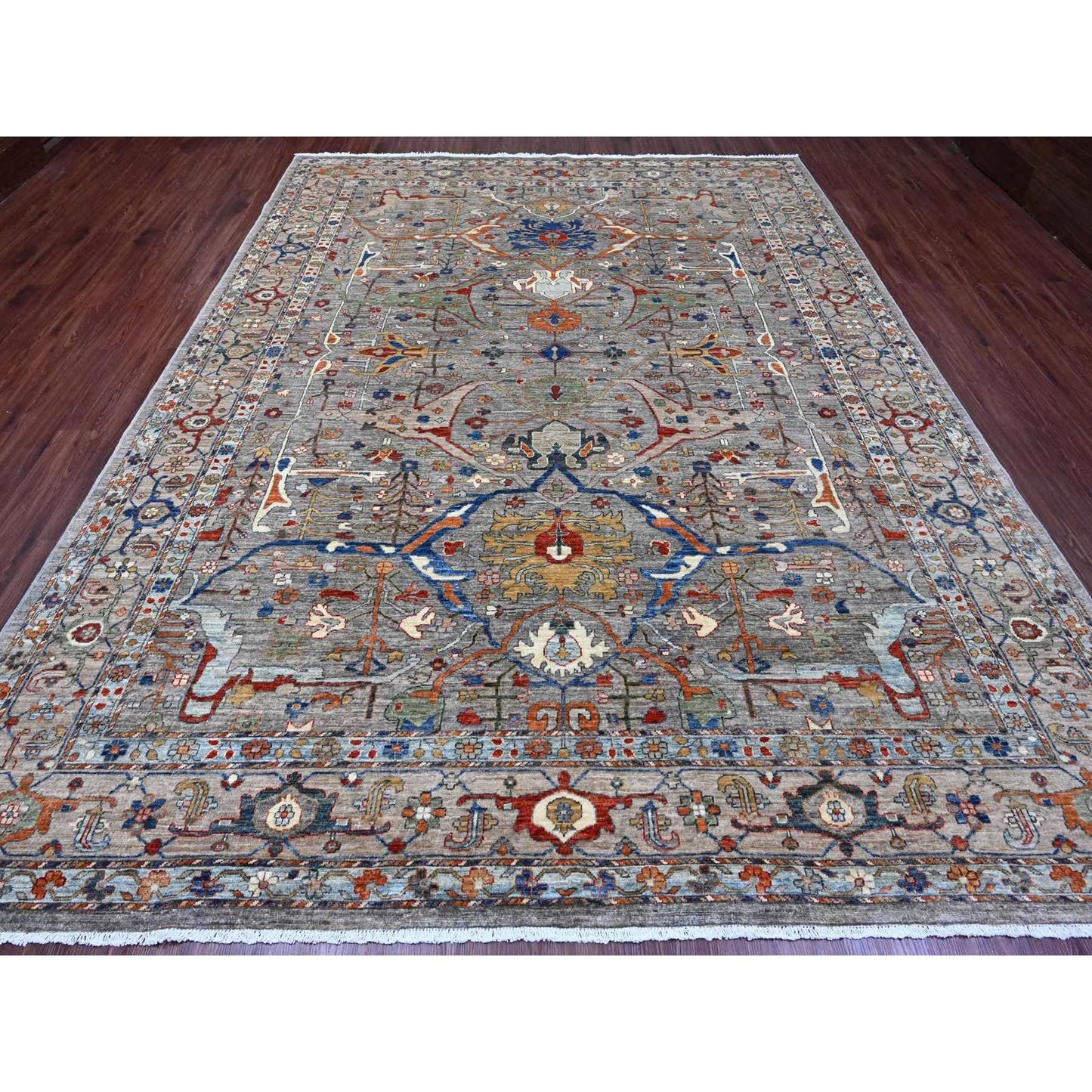 9'X12' Gray Peshawar With Bijar Garus Design Hand Knotted Pure Wool Rug