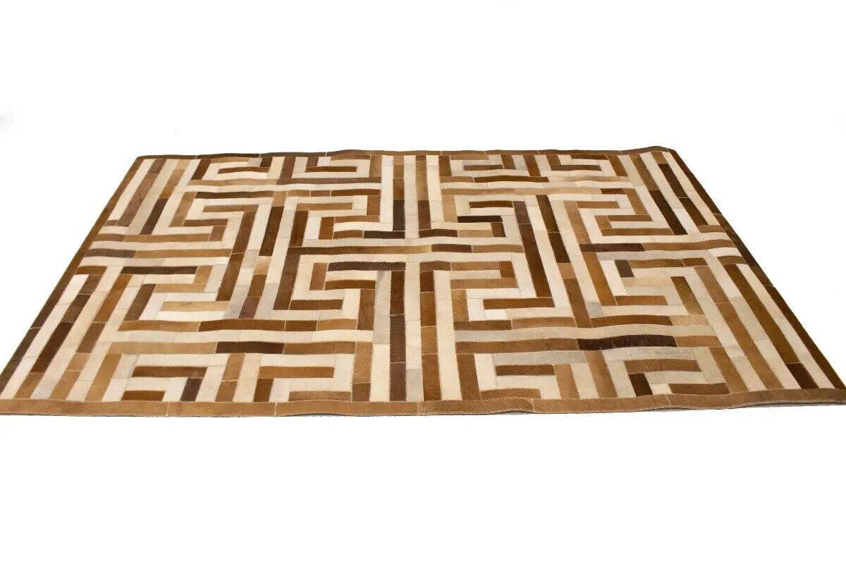 Handcrafted Brown Beige Cowhide Leather Rug