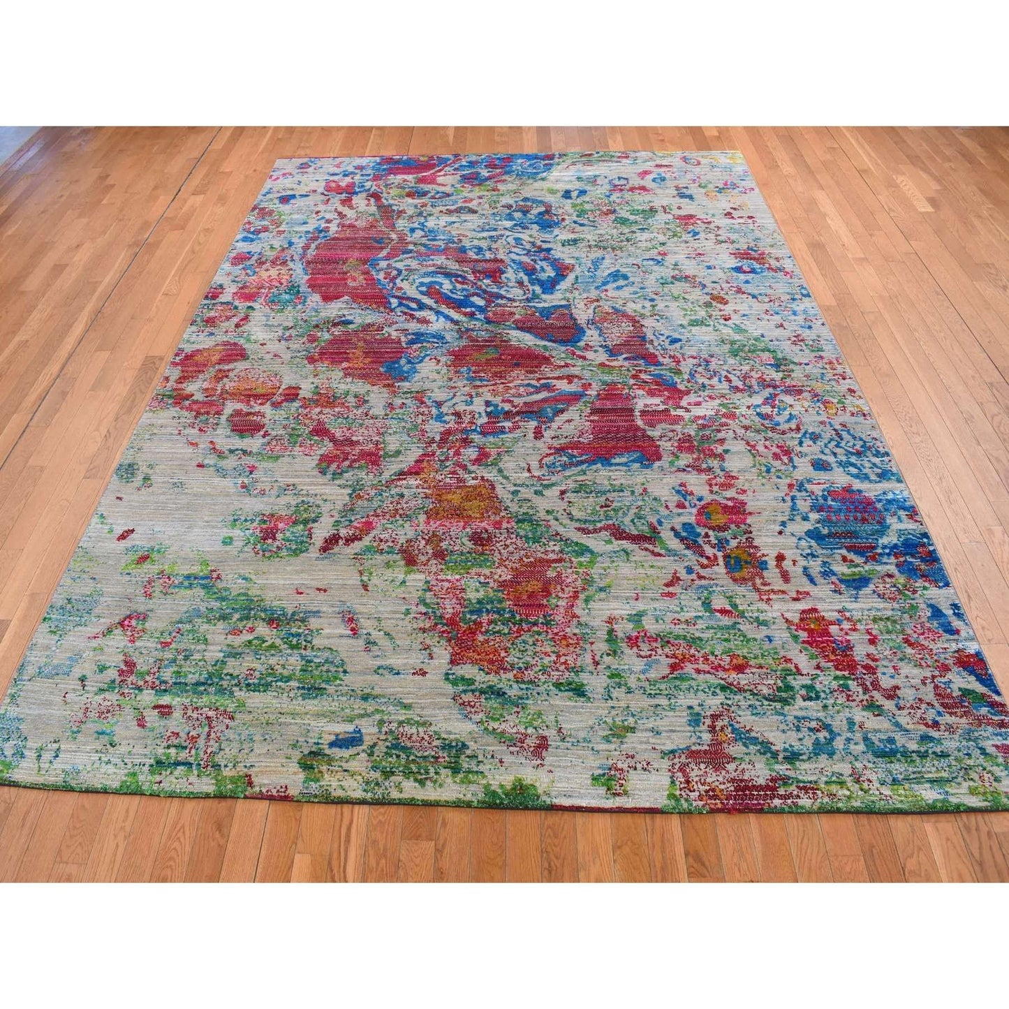8'10"X12'2" Gray Abstract Design Sari Silk With Wool Hand Knotted Rug