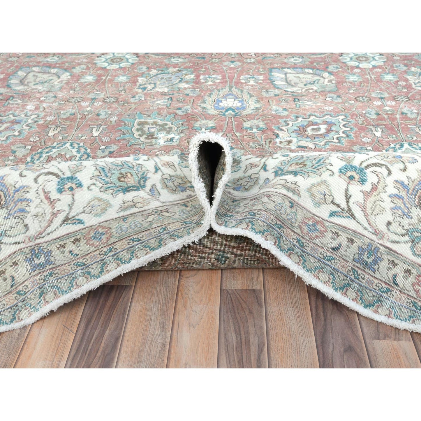 11'1"X14'7" Red Vintage Farsian Tebraz Worn Down Wool Hand Knotted Rug