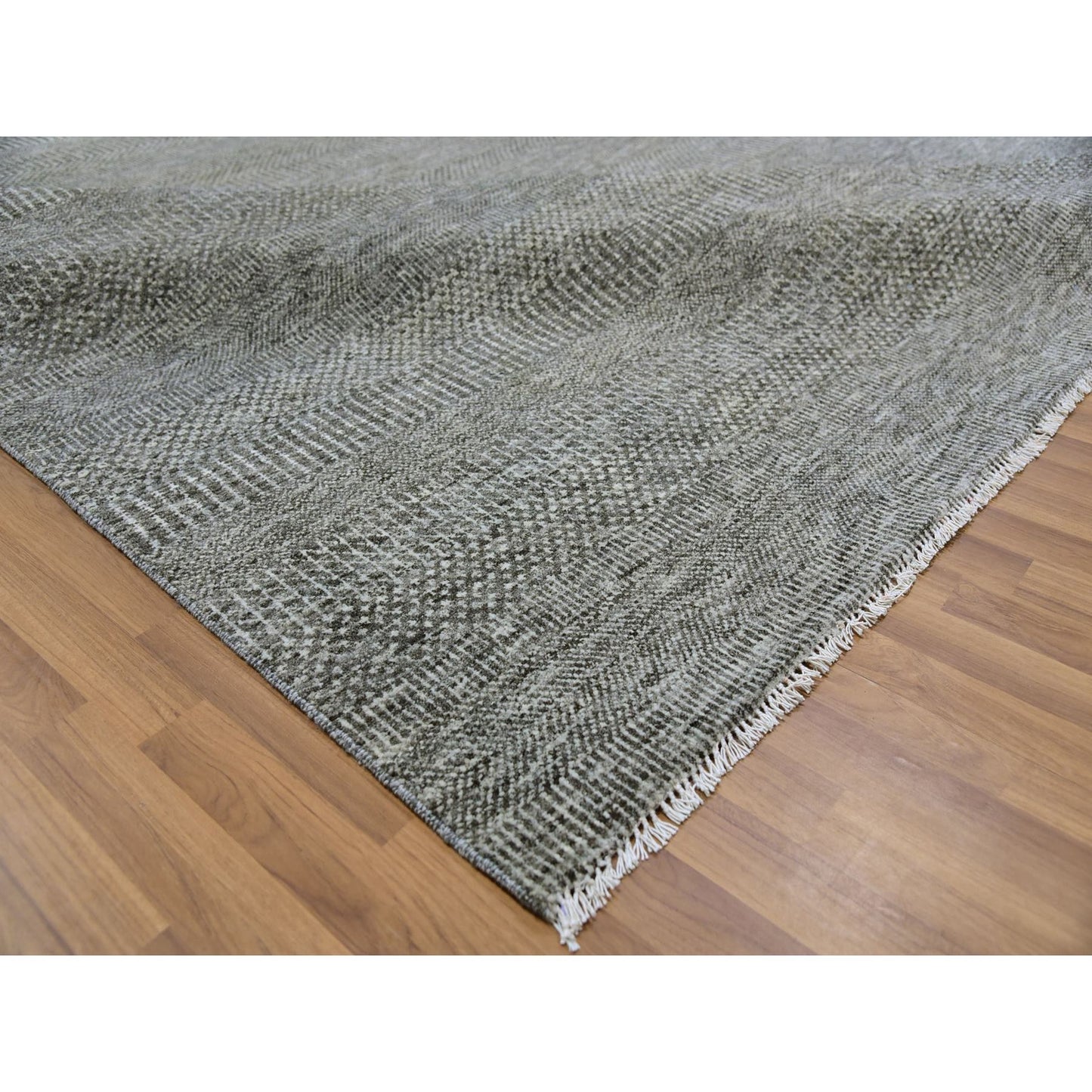 12'X12'2" Neutral Gray Hand Knotted Grass Design Undyed Wool Square Rug