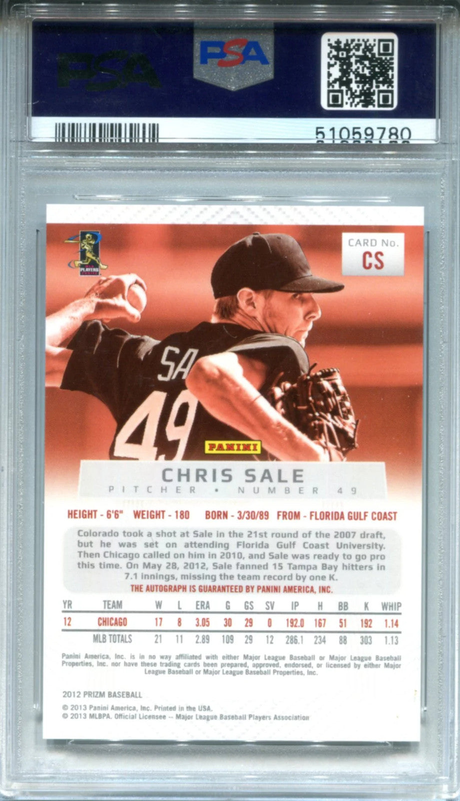 Chris Sale Autographed 2012 Panini Prizm Card (PSA)
