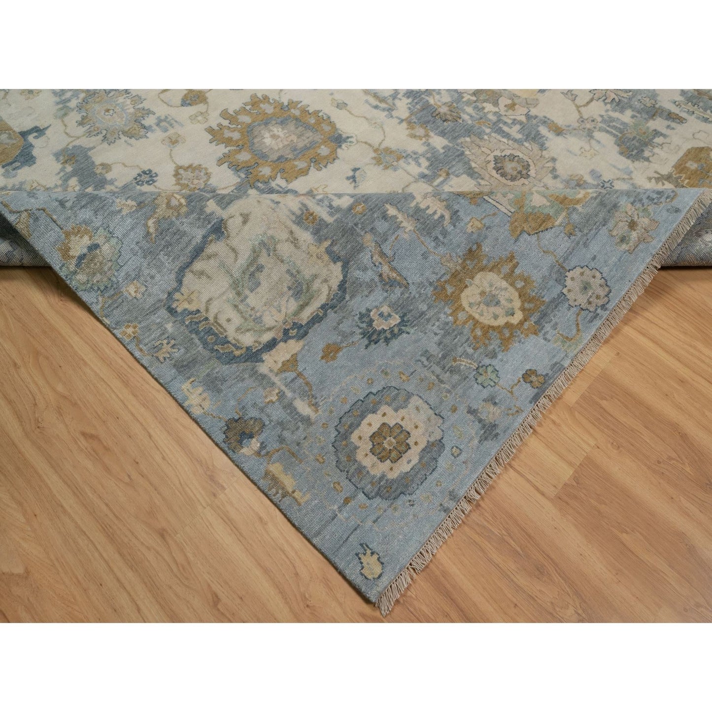 9'2"X12' Ivory Broken Pattern With Oushak Design Hand Knotted Wool Rug