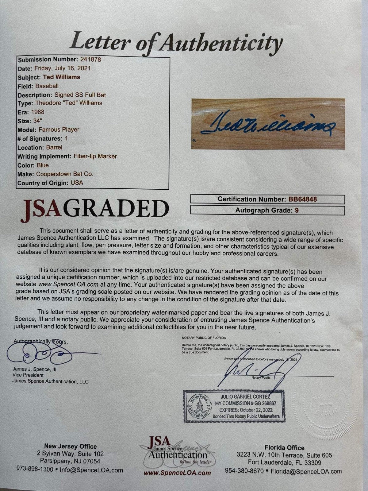 Ted Williams Autographed Cooperstown Bat (Jsa Graded)