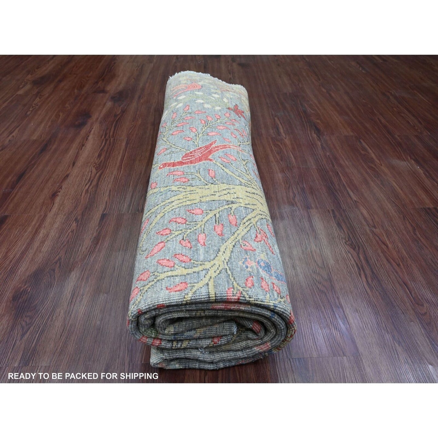 7'9"X7'9" Gray Birds Of Paradise Design Hand Knotted Soft Wool Round Rug