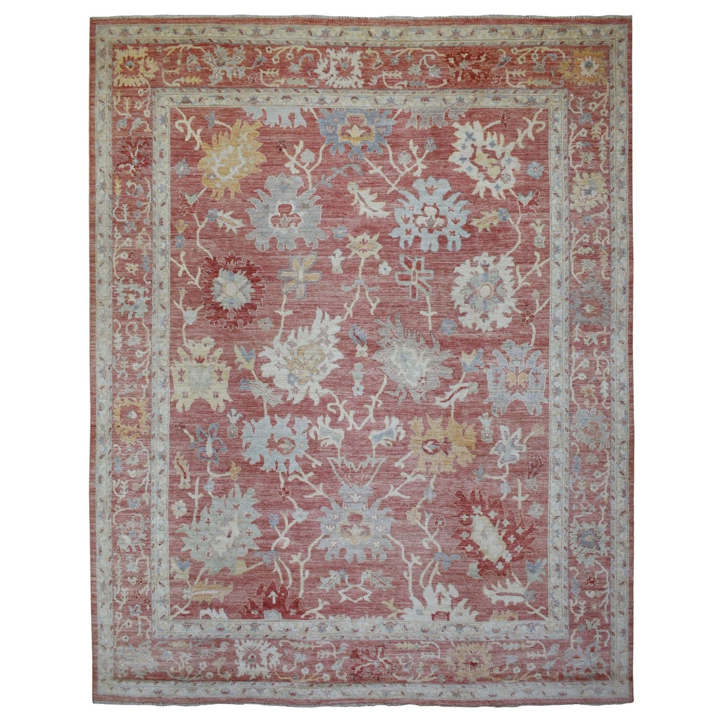 11'9"X14'8" Coral Red Hand Knotted Afghan Angora Oushak Natural Wool Rug