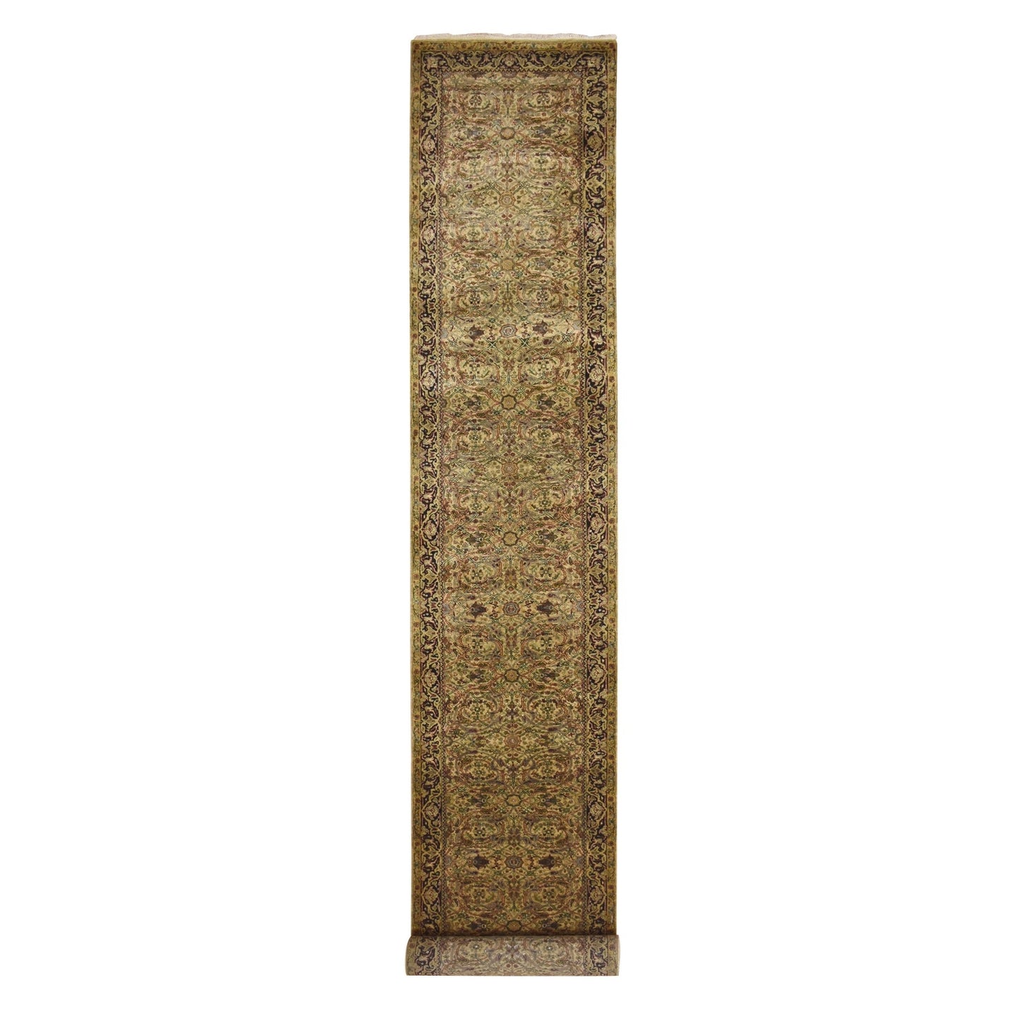 3'2"X19'4" Gold Yellow Hand Knotted Rajasthan Leaf Design Wool Runner Rug