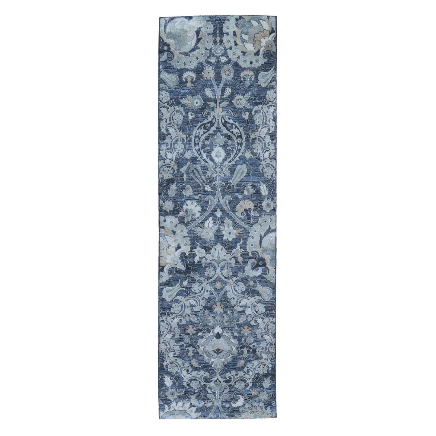 3'X10'2" Silk With Textured Wool Palmette Motif Hand Made Wide Runner Rug