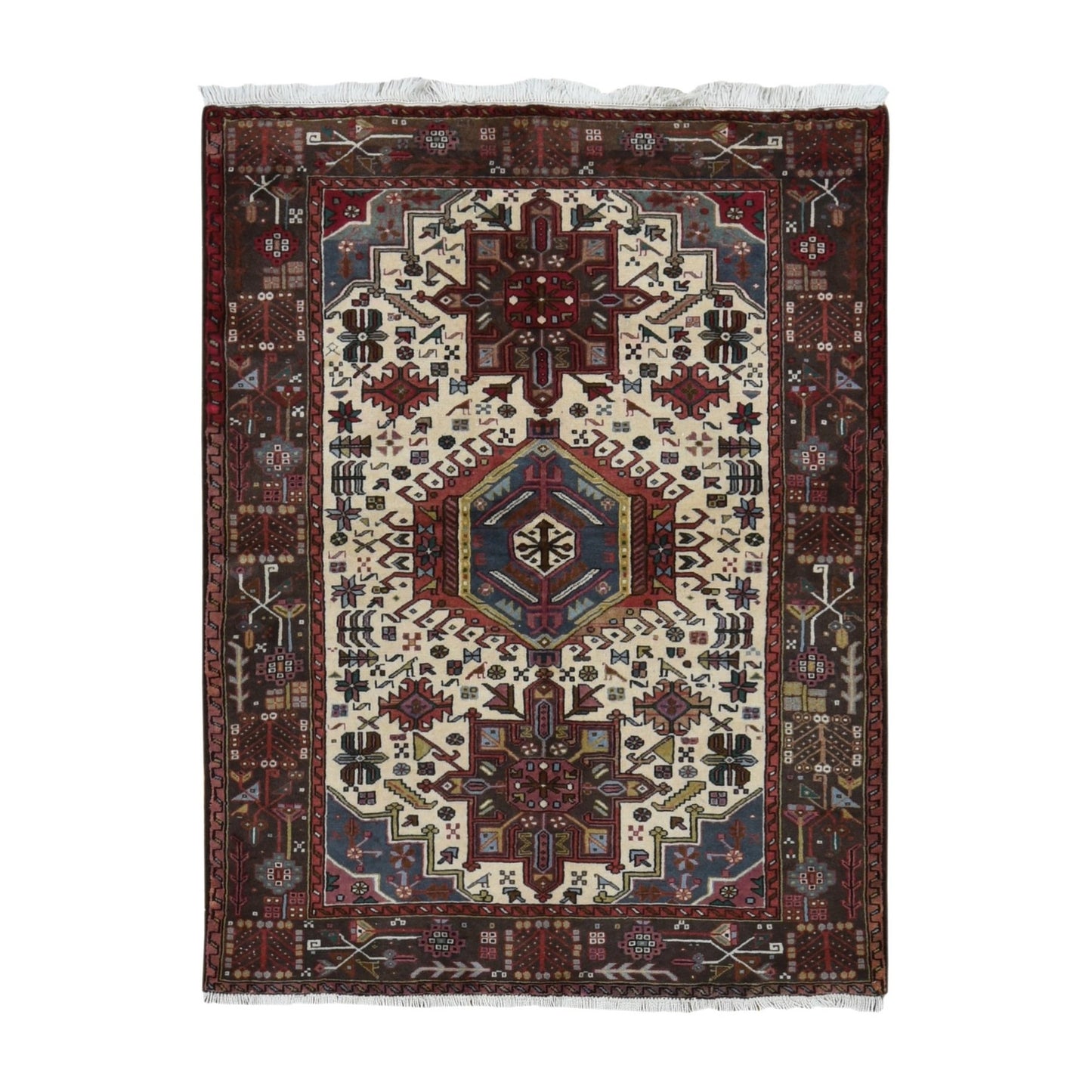 5'1"X6'7" Ivory Zoroastrian Karjihooz Hand Knotted Pure Wool Rug
