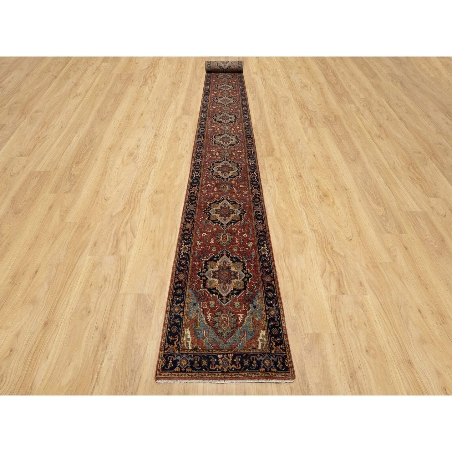 2'7"X28' Red Hand Knotted Antiqued Heri Re-Creation Wool Xl Runner Rug