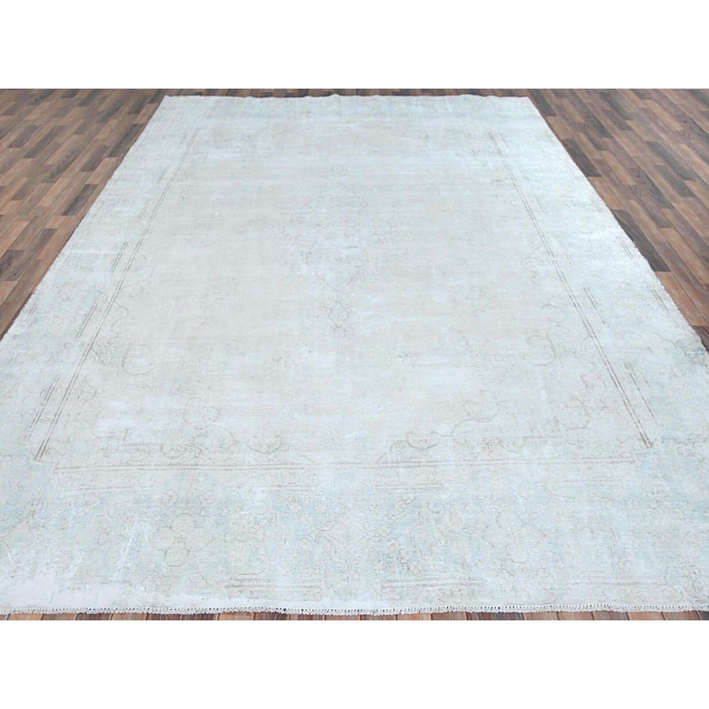 9'8"X12'10" Beige Hand Knotted Wool Distressed Vintage Farsian Karman Rug